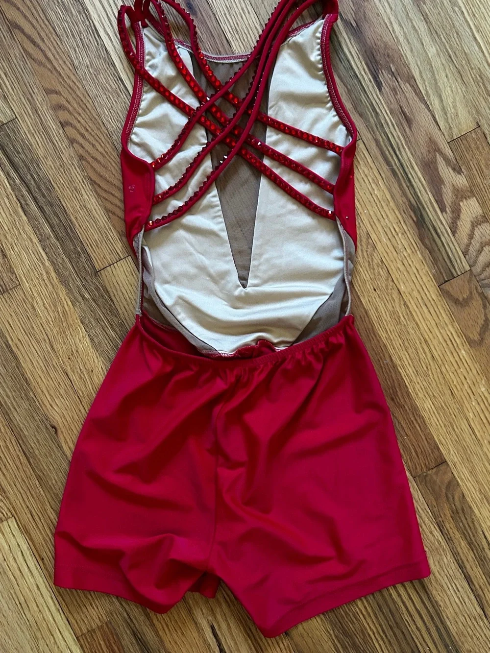 AA Dance Stoned Red Biketard with Mesh Cutout Sides. Size XS